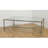 Brass and Steel Glass Top Coffee Table Approx. 18" H x 53" L x 32 1/2" W. Chips on glass. Chips on