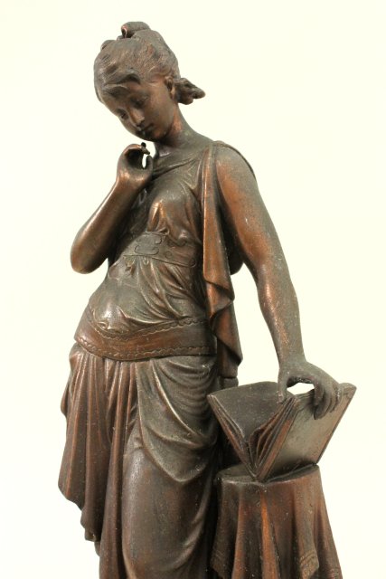 Pair Ansonia Metal Female Figures "Knowledge & Music." Approx. 17 1/2" H. - Image 5 of 6