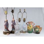 Group Lot of Lamps, Pottery, & Glass Including 2 pairs of lamps, 2 roseville vases, and  glass