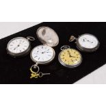 4 Pocket Watches Including Perret and Co. Geneva with 13 jewels,  closed face, key wind; Waltham and