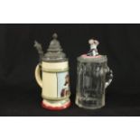 Lot of Two Steins Crystal and figural porcelain top stein, approx. 8  1/4" H. Lithopane stein,