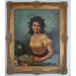 Portrait of Lady with Grapes Oil on canvas. Indistinctly signed lower right.  Approx. 29" H x 23"