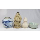 Lot of 4 Asian Porcelain Items Including Buddha bottle, blue & white vase, double  gourd vase, and