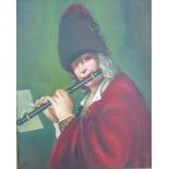 Oil on Canvas, Man Playing a Flute Framed. Signed lower right, M. Ebert. Approx. 27"  H x 22" W