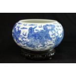 Chinese Republic Porcelain Blue & White Bowl On wood stand. Signed on bottom. Bowl approx. 5" H  x 9