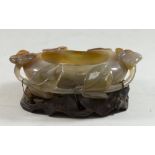 Old Chinese Agate Bowl on Wood Base Approx. 2" H x 5" W.