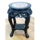 Chinese Teakwood Marble Inset Tabouret Table Approx. 19" H, 14" W.