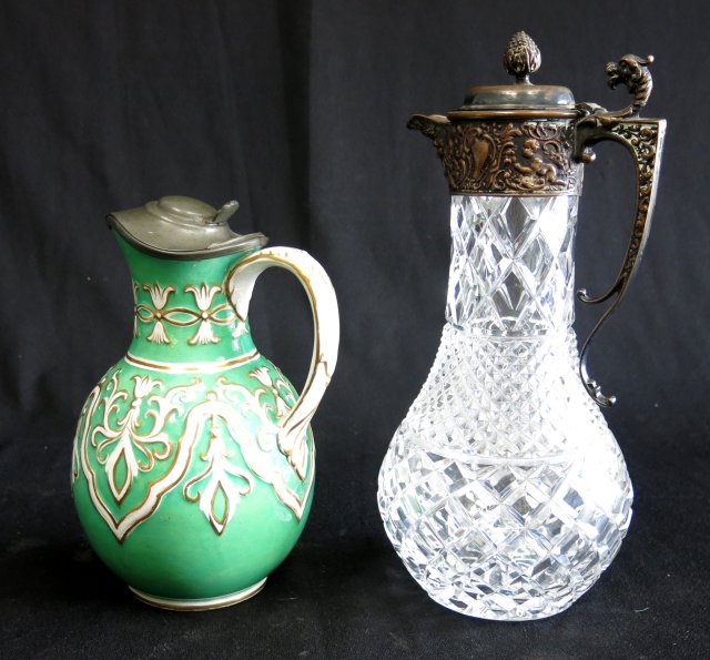 Crystal & Silvered Bronze Pitcher & Porcelain Ewer Ewer with pewter top.