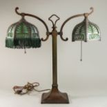 EM & Co. Double Student Lamp With green slag glass shades. Approx. 21" H x 22"  W. Fringe needs