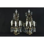 Pair Regency Style Girandoles Skeleton form lyre frame. Hanging prisms. Approx.  23" H x 10" W.