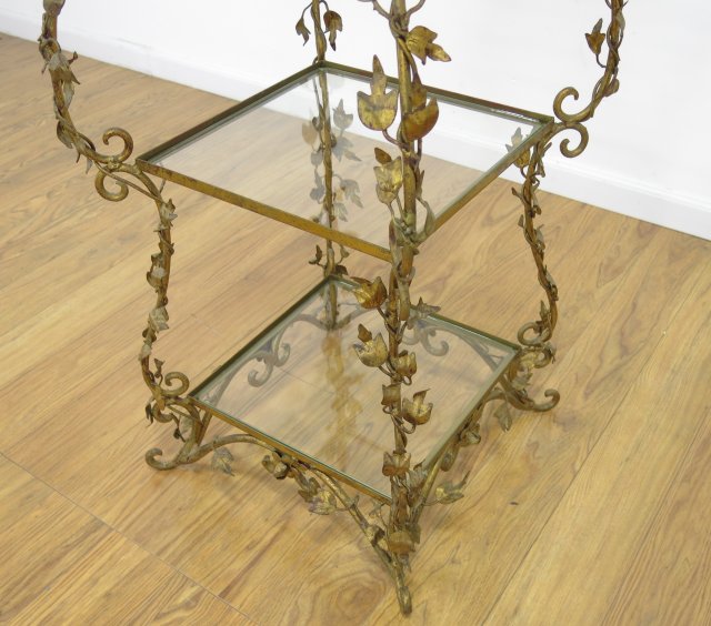 4 Tier Gilt Metal Floral Glass Stand Approx. 52" H x 19" W x 19" D. Crack in glass on  second - Image 3 of 4