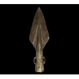 Bronze Age Irish Side-Looped Spearhead 2000-1500 BC. A broad lozengiform blade with raised midrib