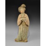 Chinese Large Polychrome Ceramic Courtly Lady Statuette Tang Dynasty, 618-906 AD. A hollow-formed