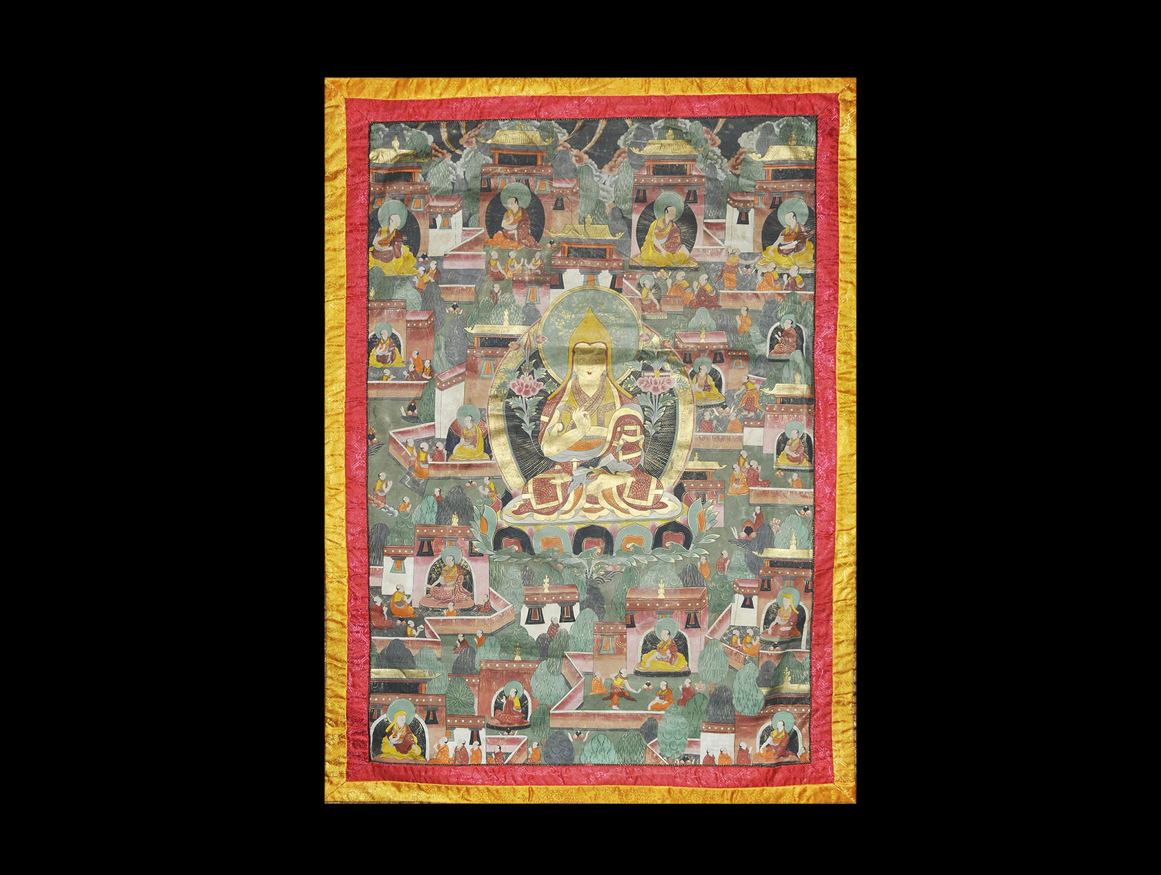 Chinese Tibetan Fabric Thanka 20th century AD. A rectangular painted panel of Tsong Kapa