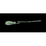 Roman Bronze Swan-Necked Spoon 3rd-4th century AD. A cast spoon with piriform bowl, scrolled