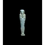 Egyptian Glazed Hieroglyphic Shabti 30th Dynasty, 380-343 BC. A pale blue-green composition shabti