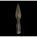 Bronze Age British Side-Looped Spearhead 1400-1300 BC. A small leaf-shaped blade with edge bevel,