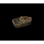 Islamic Mamluk Bronze Inkwell 1250-1517 AD. A rectangular inkwell with scooped forward edge,