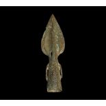 Bronze Age British Side-Looped and Socketted Spearhead 1400-1300 BC. A small leaf-shaped blade