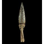 Bronze Age British Basal-Looped and Socketted Spearhead 1800-1500 BC. A large leaf-shaped blade with