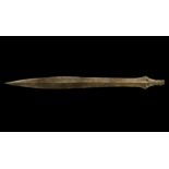 Bronze Age 'Ballintober' Type Sword 1200-1000 BC. A long, leaf-shaped blade with midrib, flared