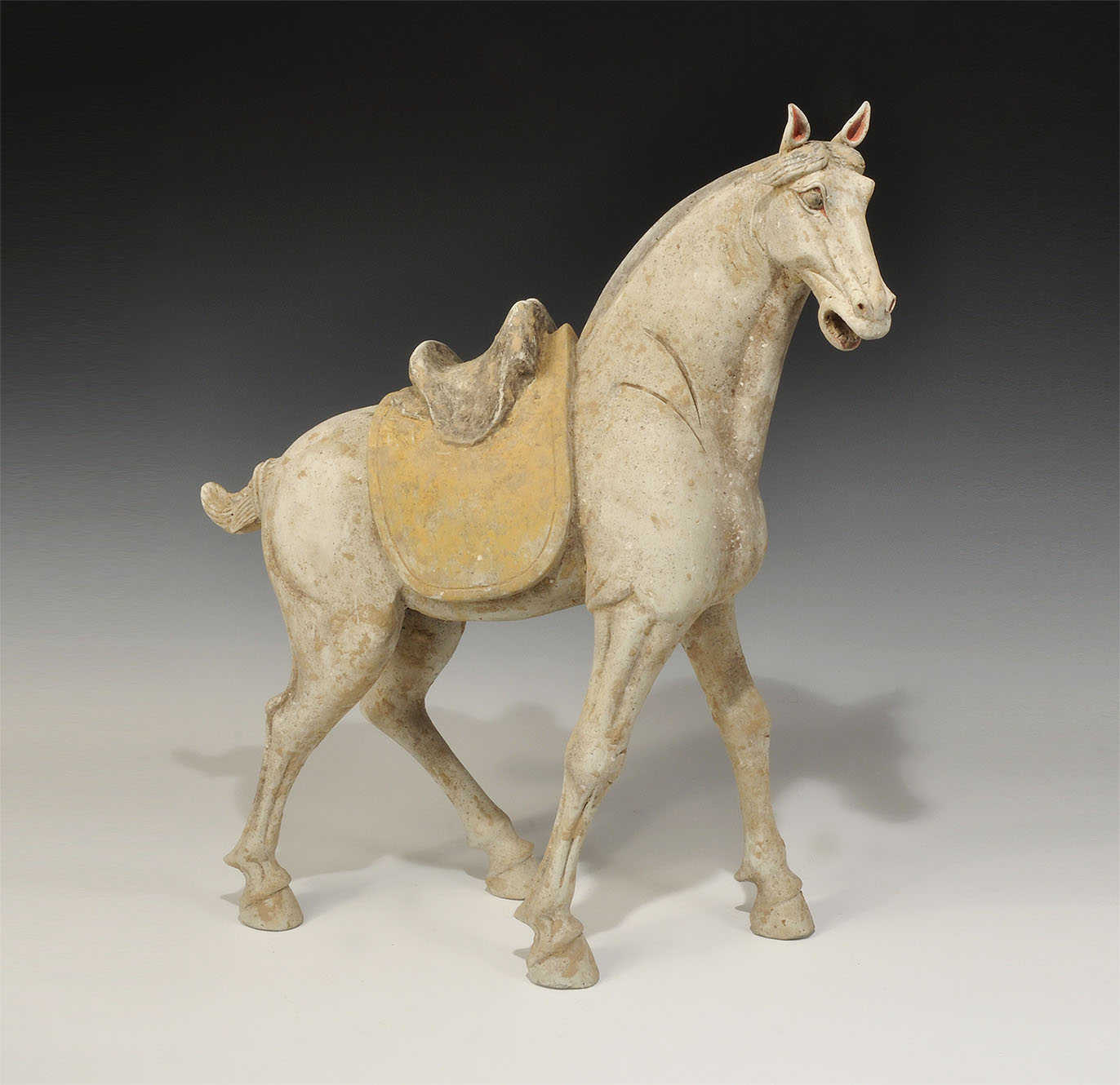 Chinese Ceramic Standing Horse Tang Dynasty, 618-906 AD. A greyware figurine of an advancing horse