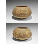 "3300-1700 BC. A squat terracotta jar with flared rim, band of polychrome geometric panels above a