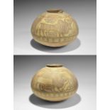 "3300-1700 BC. A squat terracotta jar with flared rim, band of polychrome geometric panels above a