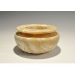 "2200-1700 BC. A squat alabaster bowl with deep shoulder, narrow neck and flange rim. 2.9 kg, 18.5cm