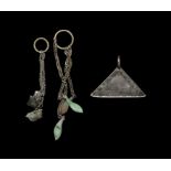 Chinese Triangular Pendant and Jade Dangles Group