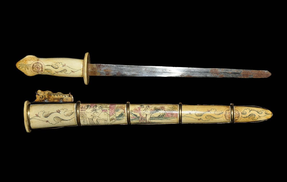 Chinese Short Sword and Scabbard with Erotic Scenes