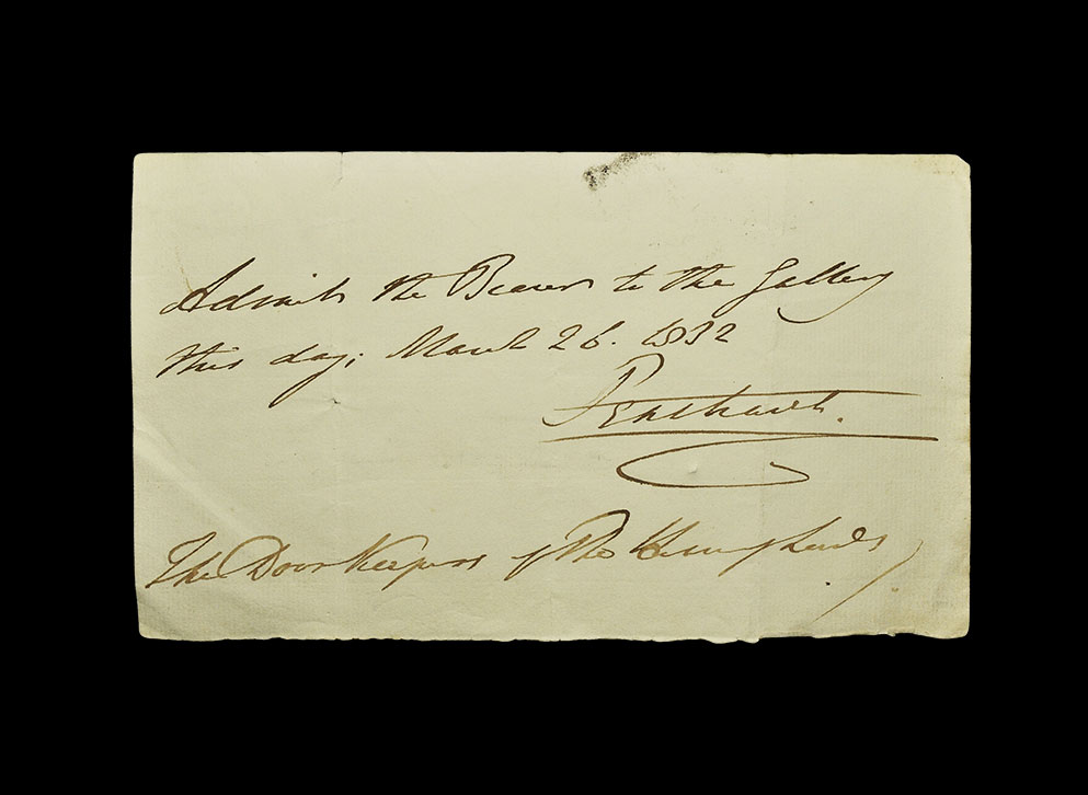 Dated March 26, 1832. A rectangular notepaper slip with handwritten text 'Admits the bearer to the