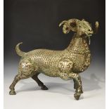 Chinese Style Bronze Ram Statuette with Silver Inlay