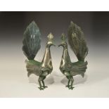 Islamic Style Brass Peacock Pair with Silver Inlay