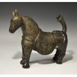 Islamic Style Bronze Horse with Calligraphic Silver Inlay