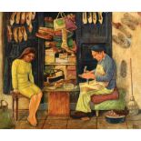 Nachum Gilboa b. 1917 The Shoemaker Tempera on canvas  Signed  38X45 cm