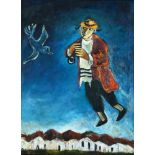 Yosl Bergner b. 1920 Flutist and a Bird Oil on canvas  Signed. Signed and titled on the reverse