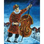 Yosl Bergner b. 1920 Bass Player Oil on canvas  Signed. Signed and titled on the reverse  60X50 cm