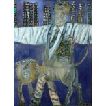 Naftali Bezem b. 1924 Figure with a Lion Oil on canvas  Signed  100X75 cm