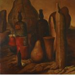 Samuel Bak b. 1933 Bottles and Pears Oil on canvas  Signed  41X41 cm