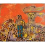 Avraham Ofek 1935 - 1990 Fishermen Oil on canvas  Signed  50X60 cm