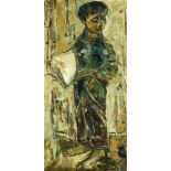 Ruth Schloss 1922 - 2013 Boy Selling Newspapers Oil on canvas  Signed  100X50 cm