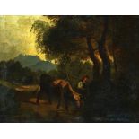 Friedrich Gauermann 1807 - 1862 Cow and peasant, Oil on paper laid down to canvas  Signed.
