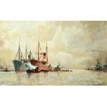 Charles Edward Dixon 1872 - 1934  Boats  Oil on board  52x88 cm   Signed