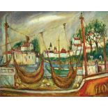 Elias Newman 1903 - 1999   Boats at Port  Oil on canvas laid down on cardboard  40x51 cm   Signed