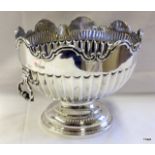 Silvered half fluted rose bowl with ornate rim and swing drop handles. Silver maker's mark JD+WD