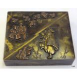 Japanese mixed metal cigarette box with figure to the lid 9cm x 7.8cmx 2.2cm