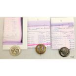 Three WW1 Silver War Badges for Services Rendered with copies of the badge Roll to the Labour