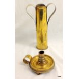 A trench art candle holder made from a 4 inch diameter shell and a trench art twin handled vase 9
