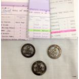 Three WW1 Silver War Badges for Services Rendered with copies of the badge Roll to the